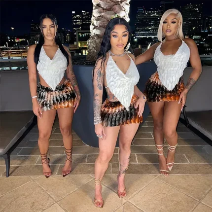 Women Fashion Sexy Deep V Camisole Two-Piece Tie-Dye Printed Skirt Two-Piece Set - Image 3