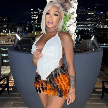 Women Fashion Sexy Deep V Camisole Two-Piece Tie-Dye Printed Skirt Two-Piece Set - Image 4