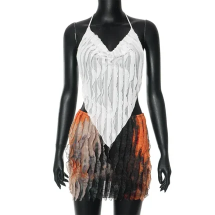 Women Fashion Sexy Deep V Camisole Two-Piece Tie-Dye Printed Skirt Two-Piece Set - Image 5