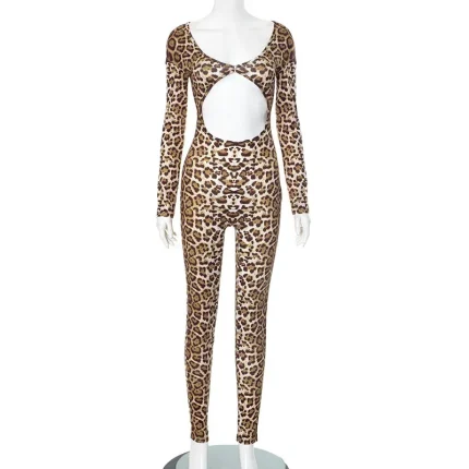 Women Fashion Sexy Leopard Printed Hollow-Out Long Sleeve Jumpsuit - Image 4