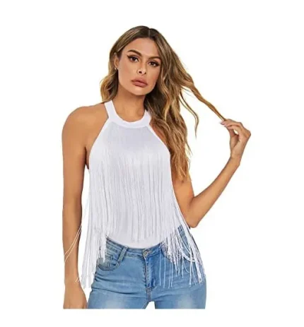 Women Fashion Sexy Sleeveless Halter-Neck Tassels Bodysuit - Image 4