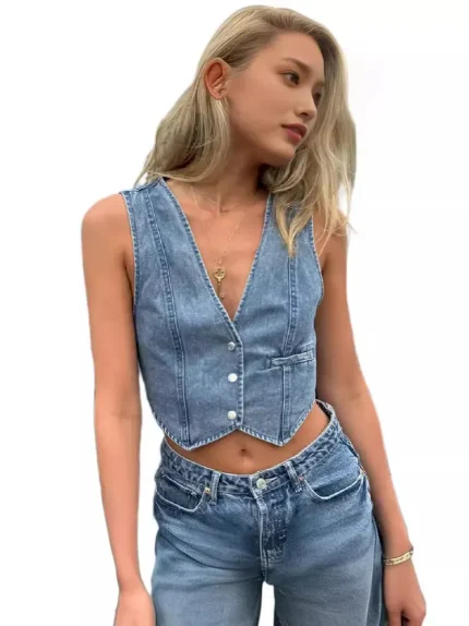 Women Fashion Casual V-Neck Denim Vest - Image 3