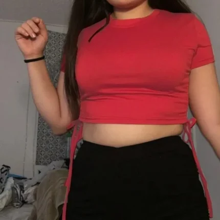 Women Fashion Sexy Solid Color Short-Sleeve Drawstring Tight Crop Top - Image 3