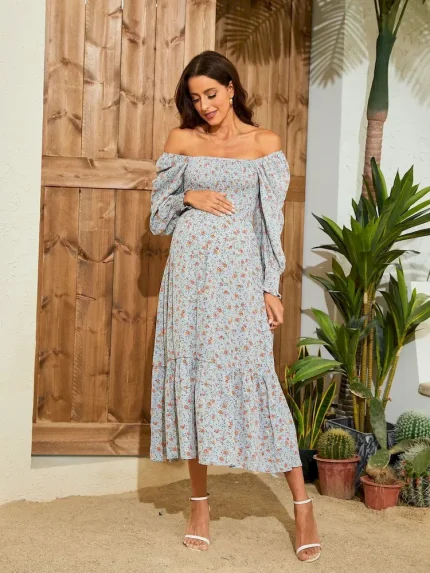 Pregnant Women Fashion Casual Chiffon Floral Printed Ruffled Long-Sleeve Dress - Image 4
