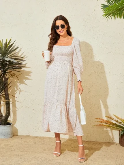 Pregnant Women Fashion Casual Chiffon Floral Printed Ruffled Long-Sleeve Dress - Image 6