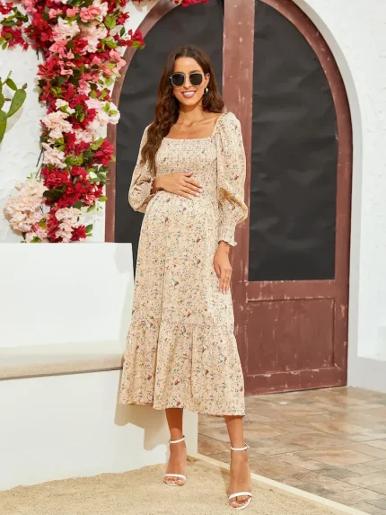 Pregnant Women Fashion Casual Chiffon Floral Printed Ruffled Long-Sleeve Dress - Image 7