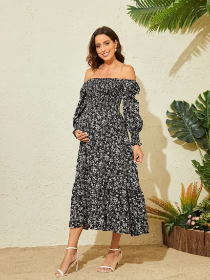 Pregnant Women Fashion Casual Chiffon Floral Printed Ruffled Long-Sleeve Dress - Image 8