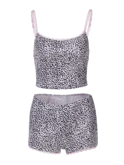 Women Fashion Sexy Leopard Lace Camisole Tight Shorts Two-Piece Set - Image 4