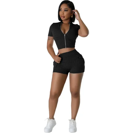 Women Fashion Casual Solid Color Stripe Zipper Short-Sleeve Top Tight Shorts Two-Piece Set - Image 4