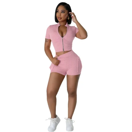 Women Fashion Casual Solid Color Stripe Zipper Short-Sleeve Top Tight Shorts Two-Piece Set - Image 5
