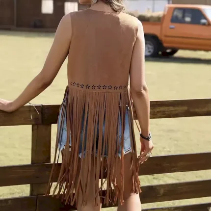 Women Casual Retro Solid Color Hollow Long Tassel Vest - Image 3