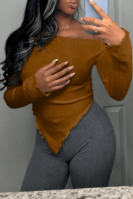 Women Fashion Sexy Solid Color Irregular Long Sleeve Knitted Top - Image 4