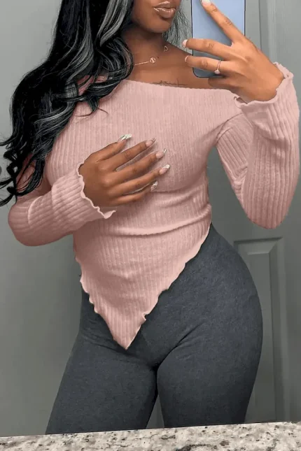 Women Fashion Sexy Solid Color Irregular Long Sleeve Knitted Top - Image 6