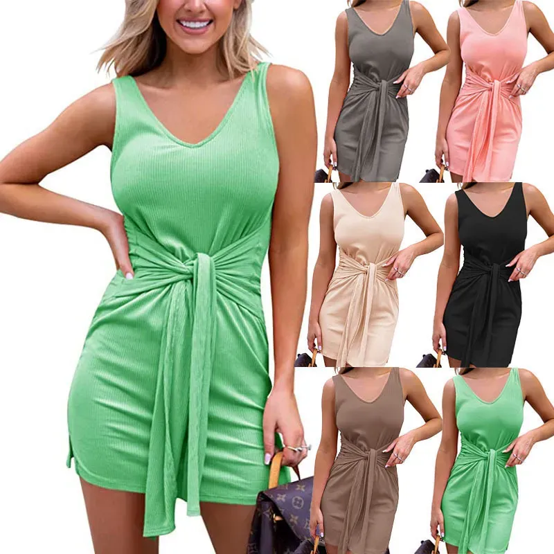 T103D16C1_27876.webp Summer Women Casual Basic V-Neck Rib-Knit Solid Color Tank Dress - Image 1