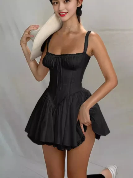 Vintage Women Fashion Lave-Up Defined Waist Lace Swing Dress - Image 5