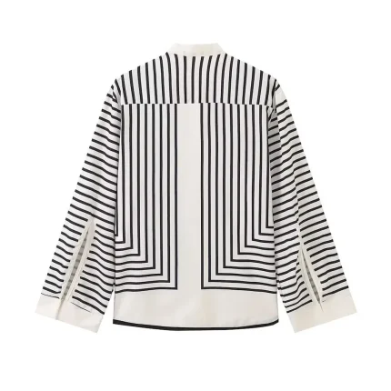 Women Fashion Casual Stripe Color Contrast Round Neck Single-Breasted Long-Sleeve Loose Blouse - Image 4