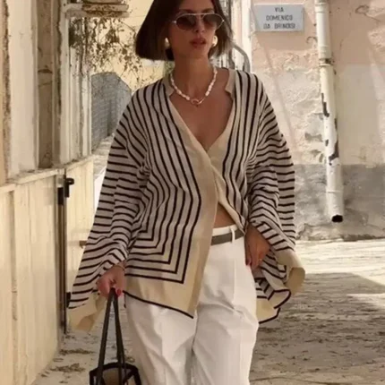 Women Fashion Casual Stripe Color Contrast Round Neck Single-Breasted Long-Sleeve Loose Blouse - Image 5