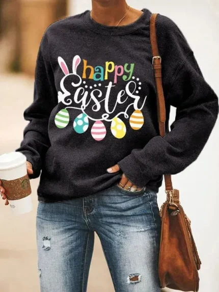 Women Casual Easter Rabbit Print Long-Sleeve Round Neck Sweatshirt - Image 3