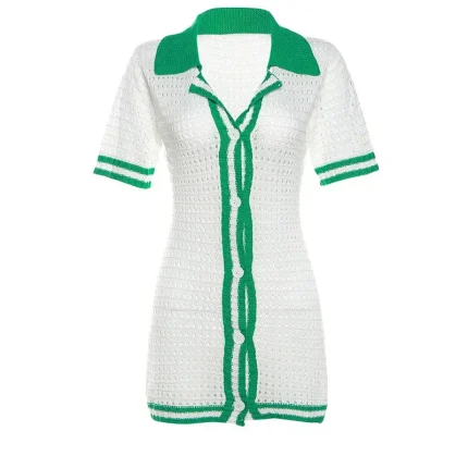 Women Fashion Sexy Knitted Lapel Short-Sleeve Single Breasted Slim-Fit Dress - Image 4