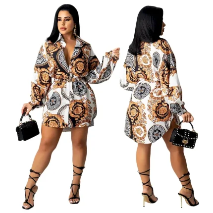 Women Fashion Casual Printed Lapel Long-Sleeve Belt Dress - Image 3