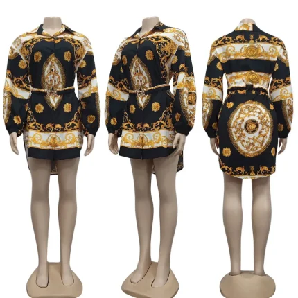 Women Fashion Casual Printed Lapel Long-Sleeve Belt Dress - Image 6