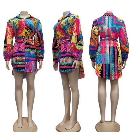 Women Fashion Casual Printed Lapel Long-Sleeve Belt Dress - Image 7