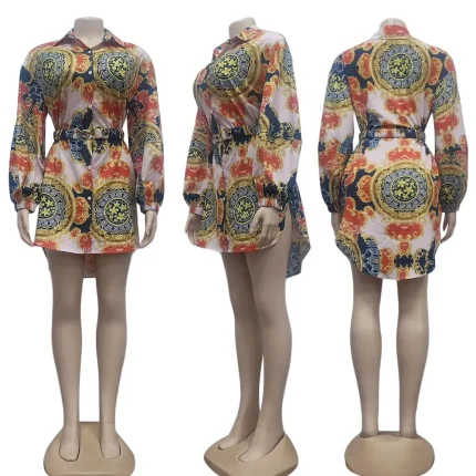 Women Fashion Casual Printed Lapel Long-Sleeve Belt Dress - Image 8