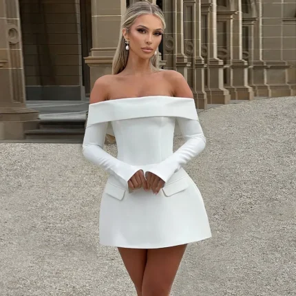 Women Fashion Elegant Off Shoulder Long Sleeve Backless Slim-Fit Dress - Image 4