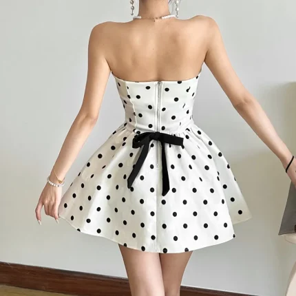 Women Fashion Elegant Dot Printed Bowknot Tube Top Slim-Fit Dress - Image 3