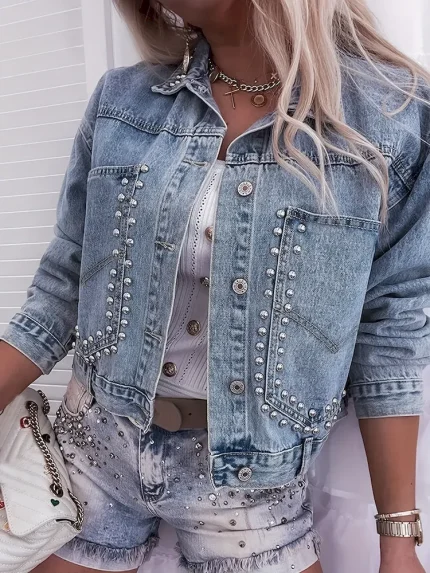Women Fashion Casual Rivet Lapel Long-Sleeve Denim Jacket - Image 3