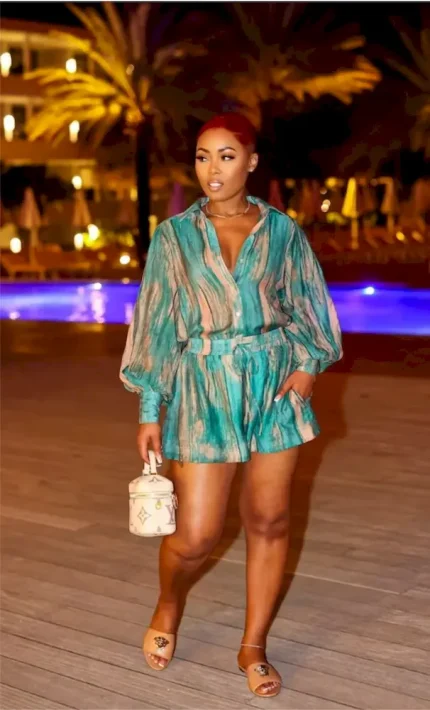 Women Fashion Casual Printed Lapel Long-Sleeve Blouse Loose Shorts Two-Piece Set - Image 4