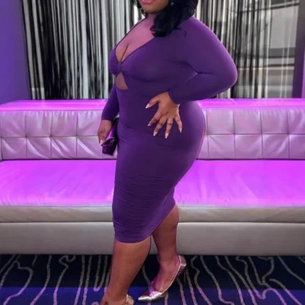 Women Plus Size Sexy Solid Color Hollow Long Sleeve Bodycon Dress - Image 3