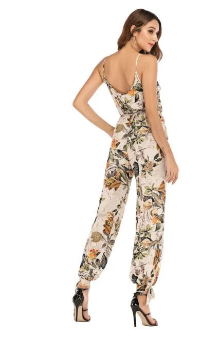 Women Fashion Sexy Printed V-Neck Spaghetti Strap Backless Lace-Up Jumpsuit - Image 3