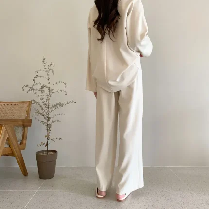 Women Fashion Casual Solid Color Loose Long Sleeve Top Drawstring Pants Two-Piece Set - Image 3