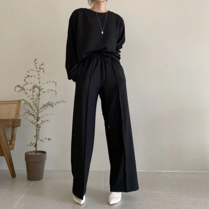 Women Fashion Casual Solid Color Loose Long Sleeve Top Drawstring Pants Two-Piece Set - Image 4