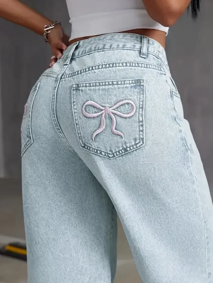 Women Fashion Casual Bowknot Embroidered Pockets Loose Wide Leg Jeans - Image 3