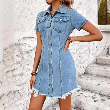 Women Fashion Casual Lapel Short Sleeve Pockets Denim Dress - Image 3