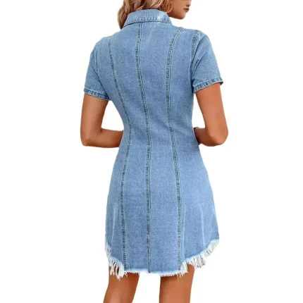 Women Fashion Casual Lapel Short Sleeve Pockets Denim Dress - Image 4
