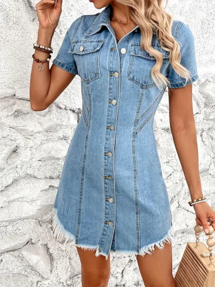 Women Fashion Casual Lapel Short Sleeve Pockets Denim Dress - Image 5