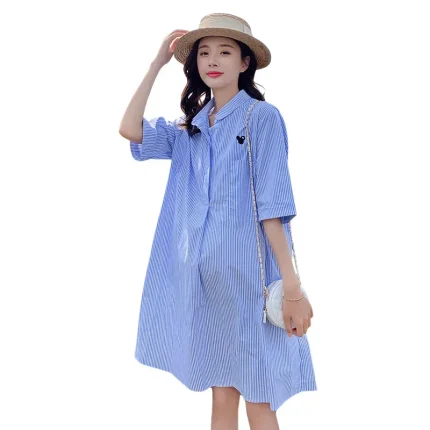 Pregnant Women Fashion Casual Stripe Lapel Short-Sleeve Loose Dress - Image 3