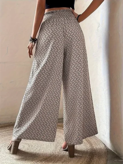 Women Casual Loose Leopard Drawstring High Waist Wide Leg Pants - Image 3