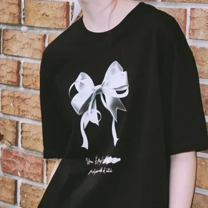 Women Fashion Casual Solid Color Bowknot Printed Round Neck Short-Sleeve T-Shirt - Image 3