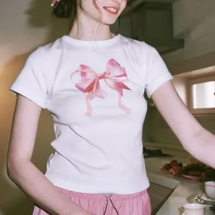 Women Fashion Casual Solid Color Bowknot Printed Round Neck Short-Sleeve T-Shirt - Image 4