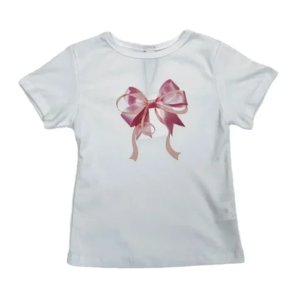 Women Fashion Casual Solid Color Bowknot Printed Round Neck Short-Sleeve T-Shirt - Image 5