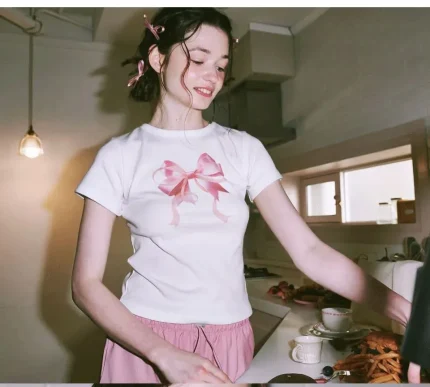 Women Fashion Casual Solid Color Bowknot Printed Round Neck Short-Sleeve T-Shirt - Image 6