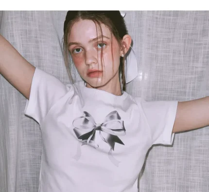 Women Fashion Casual Solid Color Bowknot Printed Round Neck Short-Sleeve T-Shirt - Image 7