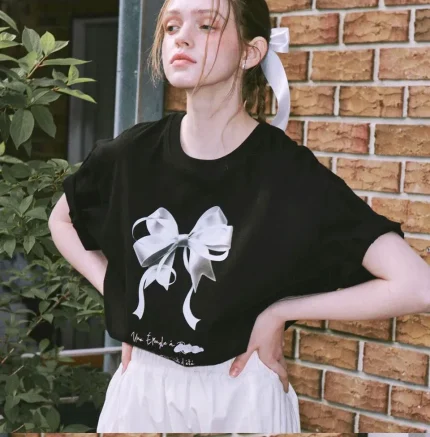 Women Fashion Casual Solid Color Bowknot Printed Round Neck Short-Sleeve T-Shirt - Image 8