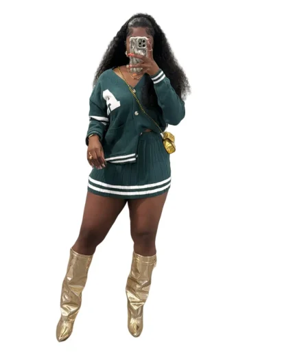 Fashion Women Knitted Cardigan Sweater Pleated Skirt Set - Image 7